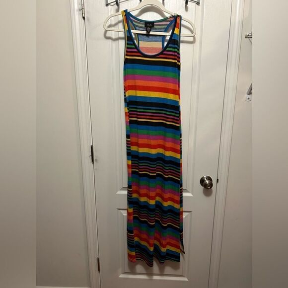 Chesley womens L rainbow striped multicolored maxi dress colorful retro slit EUC - Picture 1 of 14